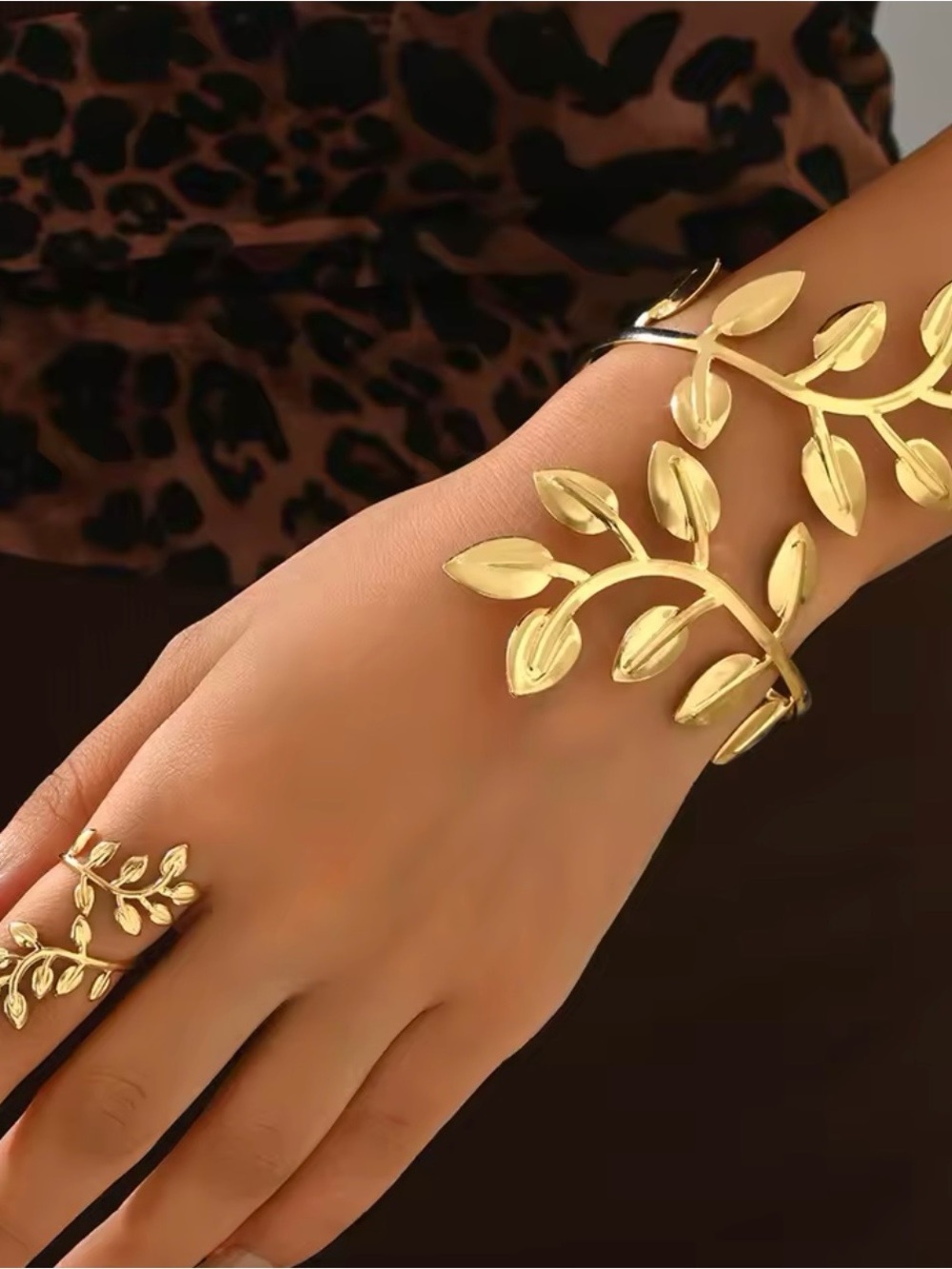Gold Leaf Vine Bracelet and Ring Set - Women Jewelry